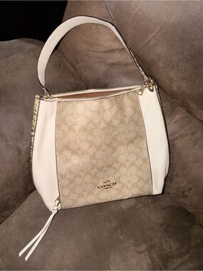 Coach Beige Signature Canvas and White Leather Marlon Hobo Bag